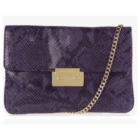 Michael Kors Sloan Purple Leather Snake Print Large Clutch - Picture 1 of 8
